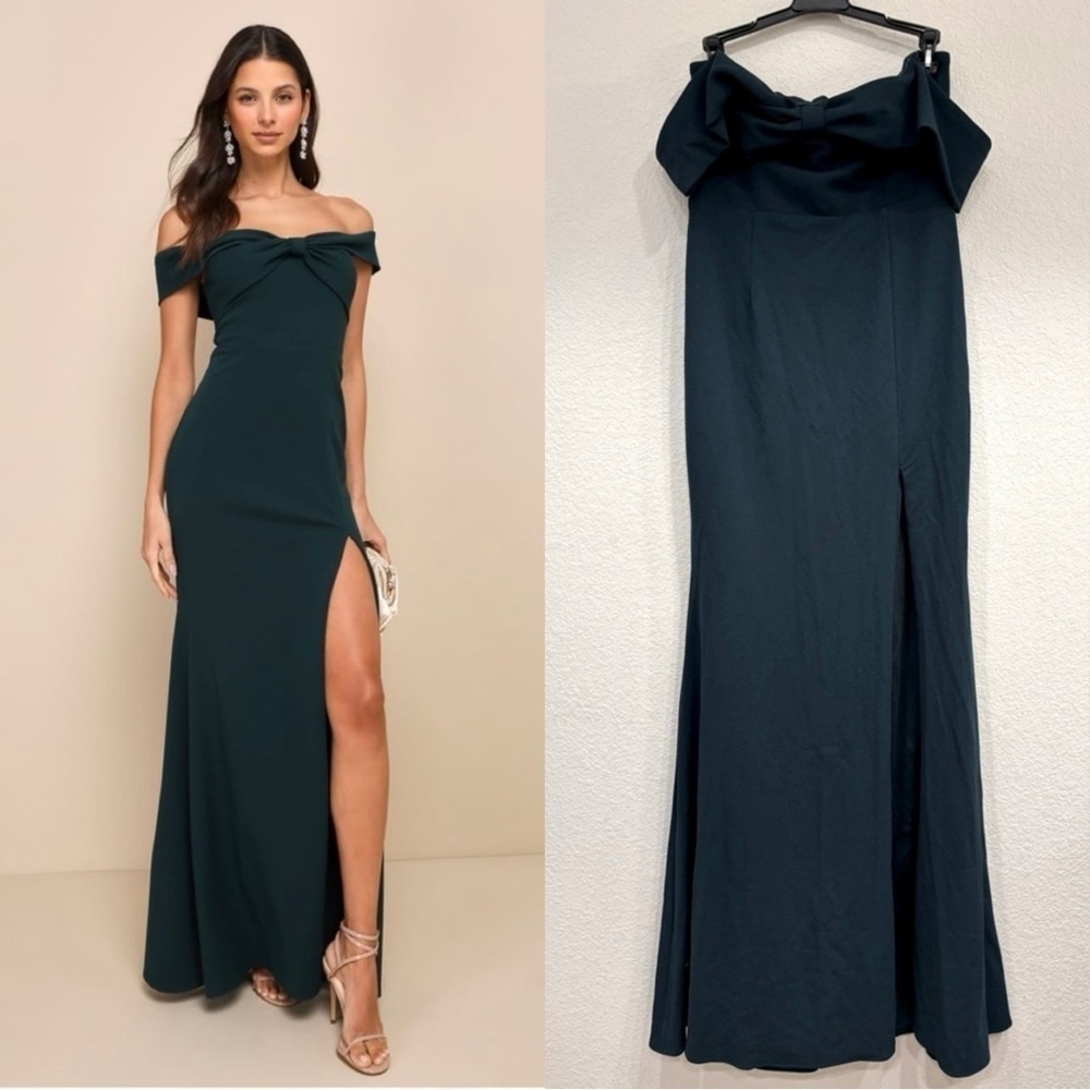NWOT Lulus Elegant Perception Hunterâ Green Off-the-Shoulder Bow Maxi Dress